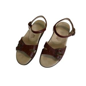 $149 SAS Shoe Womens 7.5 M Duo Quarter Strap Sandal Brown Leather Comfort Wedge